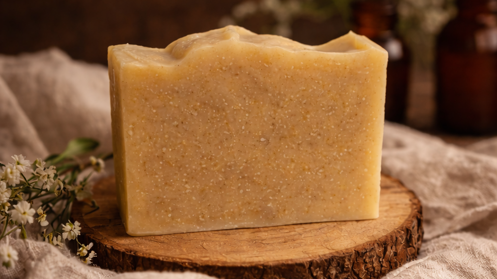 Bar of soap on a wooden block with a natural background